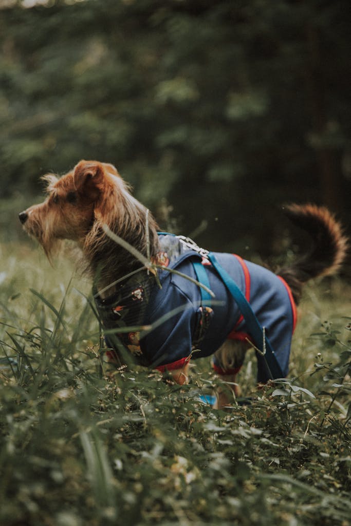 A Dog in Clothes Standing in Grass Outdoors